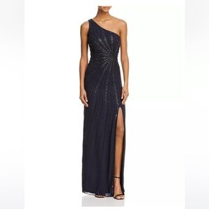 NWT Adrianna Papell Beaded Starburst One-Shoulder Gown Navy 4